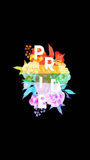 黑色背景上，粗體白色文字「PRIDE」被色彩繽紛的花朵環繞。 — 驕傲 GIF 壁紙
