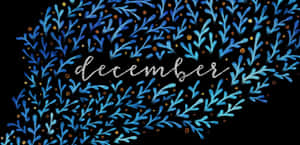 December以閃亮字體書寫，周圍環繞著藍色水彩樹枝和金色圓點。 — 十二月 GIF 壁紙