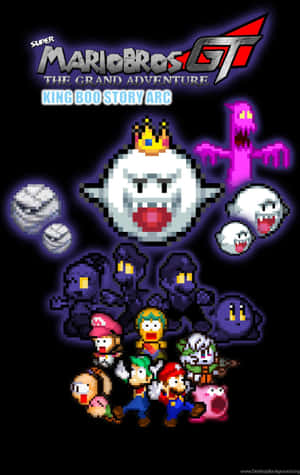 來自Super Mario Bros GT的像素藝術角色，包括King Boo和Mario。 — Moto Pad 70 壁紙