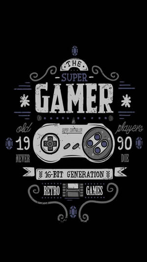 帶有「The Super Gamer」文字的復古遊戲控制器圖形。 — 安卓 壁紙