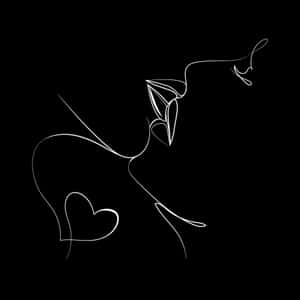 黑色背景上帶有心形尾巴的貓咪白色線條藝術。 — 情侶 GIF 壁紙