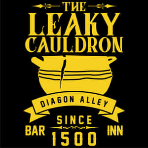 Leaky Cauldron 酒吧招牌，黑色背景上有黃色文字和坩堝。 — iPad Pro 11 壁紙