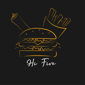 黑色背景上漢堡、薯條和汽水的金色線條藝術，帶有 'Hi Five' 文字。 — 極簡美學 壁紙