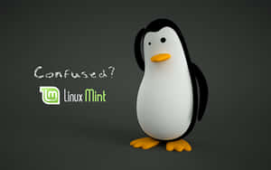 Linux Mint企鵝吉祥物看起來困惑，帶有標誌和文字。