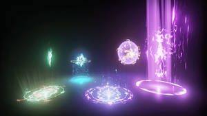 黑暗神秘虛空中的漂浮發光魔法符號和球體。