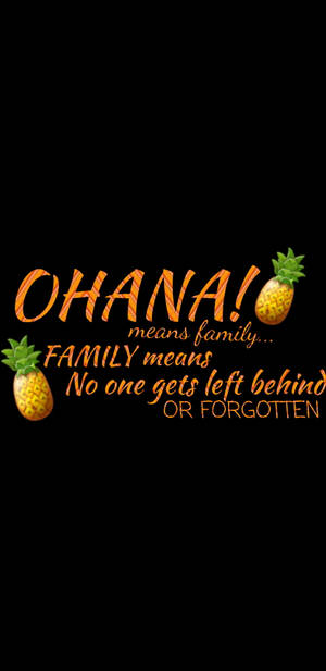 黑色背景上的橙色文字顯示「OHANA 意味著家庭」，並附有菠蘿表情符號。 — 橙色美學 壁紙