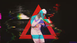 紅色三角形內帶有彩虹扭曲的故障數位人物。 — 界王拳 壁紙