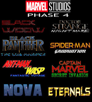 Marvel Studios Phase 4電影標題以彩色風格字體顯示在黑色背景上。 — Galaxy Z Flip 8 壁紙