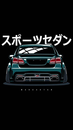 青綠色運動轎車後視圖，黑色背景上有日文字。