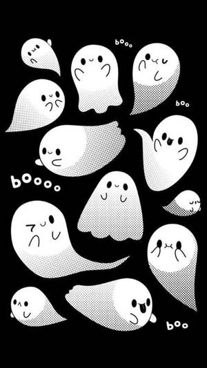 可愛的卡通鬼魂，帶有圓點陰影和黑色背景上的 boo 文字。