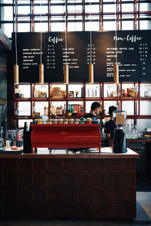 一間咖啡店，配有紅色濃縮咖啡機，咖啡師在木製櫃檯後方。 — Vivo Pad 壁紙