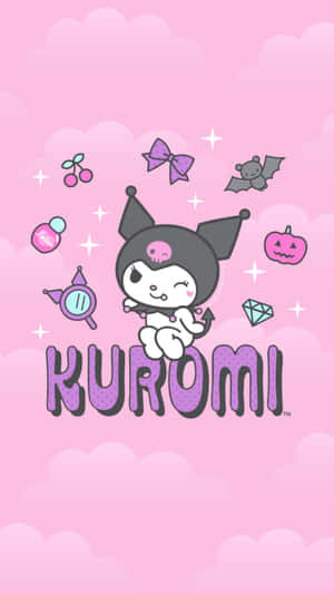 Kuromi卡通角色被萬聖節物品環繞在粉紅雲朵背景上。 — 可愛動漫頭像gif 壁紙
