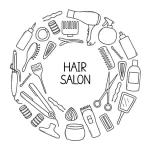 髮廊工具和產品的圓形圖標，中央有文字 HAIR SALON。 — iPad Pro M4 壁紙