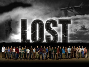 《LOST》演員站在節目標題前，背景有墜毀的飛機和巨大的雕像。