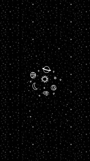 在繁星點點的黑色天空中，以白色線條繪畫的天體。