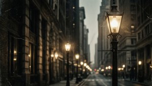 一盞發光的復古街燈照亮了夜晚霧氣瀰漫的都市街道。