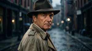 穿著 trench coat 和 fedora 帽的偵探在夜晚下雨的都市小巷中站立。