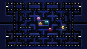 Pacman 在帶有發光小點的復古街機遊戲迷宮中追逐鬼魂。 — 黑屏 壁紙