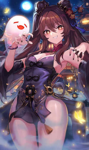 動漫女孩穿著紫色服裝，在燈籠照亮的夜城中手持發光幽靈球，伴隨著蝴蝶。