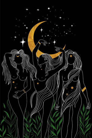 三位長髮女士喺新月同星星下