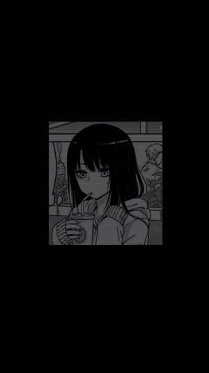 動漫女孩在咖啡館裡用吸管喝咖啡。 — 動漫女孩 壁紙