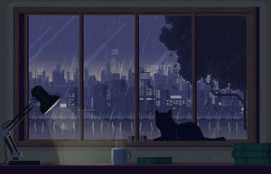 一隻像素藝術貓坐在窗邊，看著夜晚城市上的雨。 — 桌面美學 壁紙