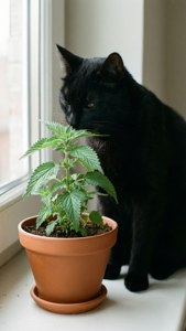 黑貓在明亮的窗邊嗅著盆栽。