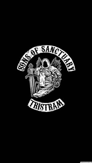 黑白 Sons of Sanctuary Tristram 徽章，帶有戴兜帽的人物和劍。
