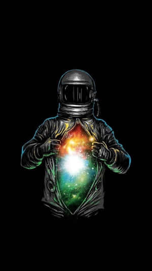 太空人在黑色背景的夾克內露出發光的星系