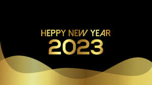 Happy New Year 2023 金色文字配流動金色波浪喺黑色背景上 — 十二月 GIF 壁紙