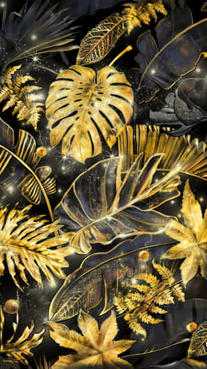 金色熱帶葉片和蕨類植物在黑暗的宇宙背景中閃爍，點綴著閃爍的星星。 — 黑色動態圖 壁紙
