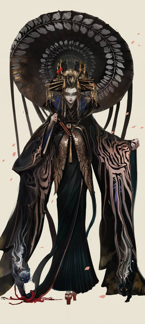 動漫角色身穿深色長袍，手持大傘，櫻花飄落。 — 黑白藝術 壁紙