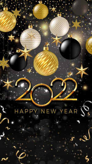 金色和黑色的新年裝飾品和星星，帶有五彩紙屑，慶祝2022年。