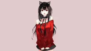 擁有貓耳和紅色眼睛的動漫女孩穿著紅色上衣。 — 可愛動漫女仔 壁紙
