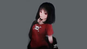 動漫女孩穿著紅色骷髏襯衫，手指托腮思考。 — 可愛動漫女仔 壁紙