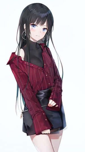 長黑髮的動漫女孩穿著紅色細條紋襯衫和黑色裙子。 — 暗黑動漫 壁紙