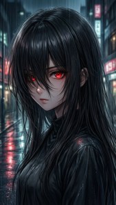 落雨霓虹城市夜晚嘅紅眼動漫女仔