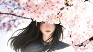 粉紅櫻花下黑髮動漫女孩 — 粉紅動漫美學 壁紙