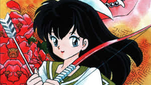 動漫角色在紅色花卉背景前手持弓箭。 — 黑川伊佐那 壁紙