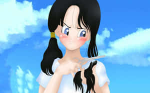 動漫女孩在藍天下用剪刀剪掉黑色雙馬尾。 — 處女座 壁紙