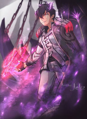 動漫男性戰士身穿銀色盔甲，身後有紫色鎖鏈，釋放出粉紅色魔法能量。