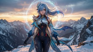 藍髮動漫戰士，帶有發光魔法，站在日落時的雪山上。