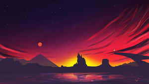 幻想風景，城堡、金字塔和水中倒映的熾熱天空。 — 美景 壁紙