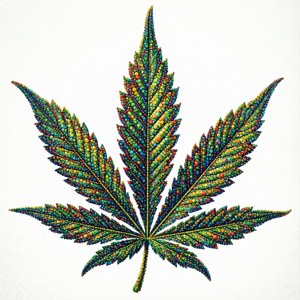 以點彩技法繪製嘅大麻葉，充滿彩色斑點