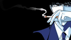 動漫男子穿著西裝在黑色背景前抽煙，煙霧繚繞。 — 煙霧動畫 壁紙