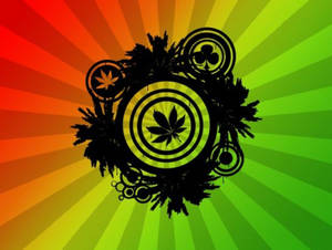 帶有大麻葉和彩虹色太陽爆發的圖形設計