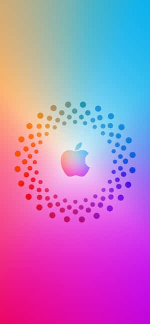 Apple標誌被彩色圓點環包圍在漸變背景上。