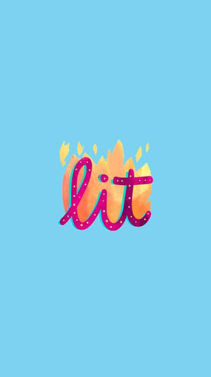 藍色背景上帶火焰設計的時尚「lit」文字
