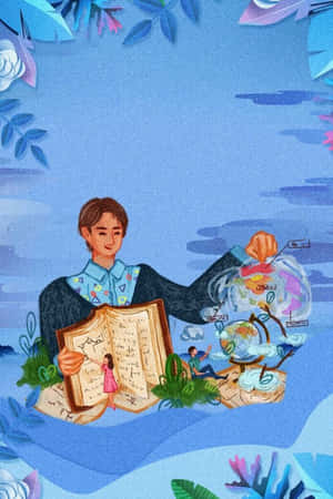 一個孩子正在閱讀一本書，書中展開了一個充滿小小探險家的世界，以及一個在花卉藍色天空中漂浮的地球。