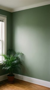盆栽棕櫚植物放在窗邊角落，有綠色牆壁和木地板